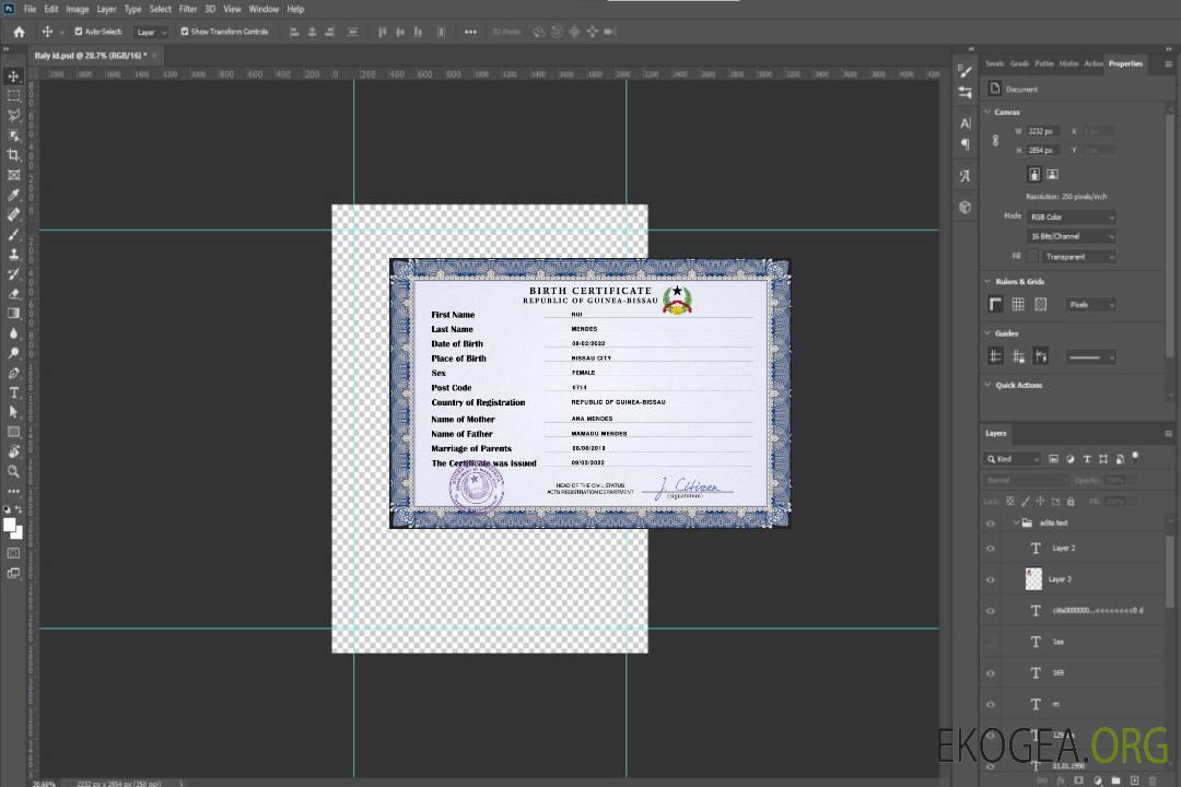 Modèle PSD d'acte de naissance en Guinée-Bissau template Modèle PSD d'acte de naissance en Guinée-Bissau template